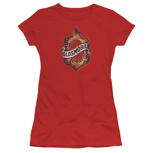 Oldsmobile Detroit Emblem Junior Sheer Cap Sleeve Womens T Shirt Red