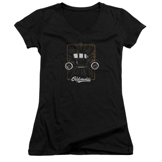 Oldsmobile 1912 Defender Junior Sheer Cap Sleeve V Neck Womens T Shirt Black