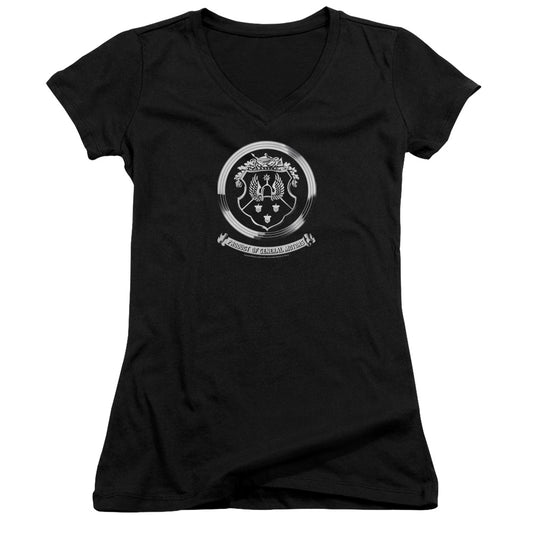 Oldsmobile 1930s Crest Emblem Junior Sheer Cap Sleeve V Neck Womens T Shirt Black