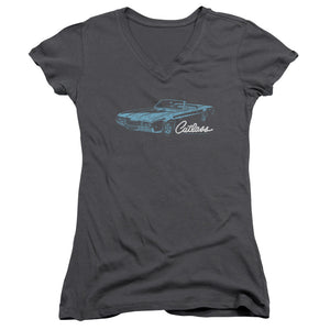 Oldsmobile 68 Cutlass Junior Sheer Cap Sleeve V Neck Womens T Shirt Charcoal