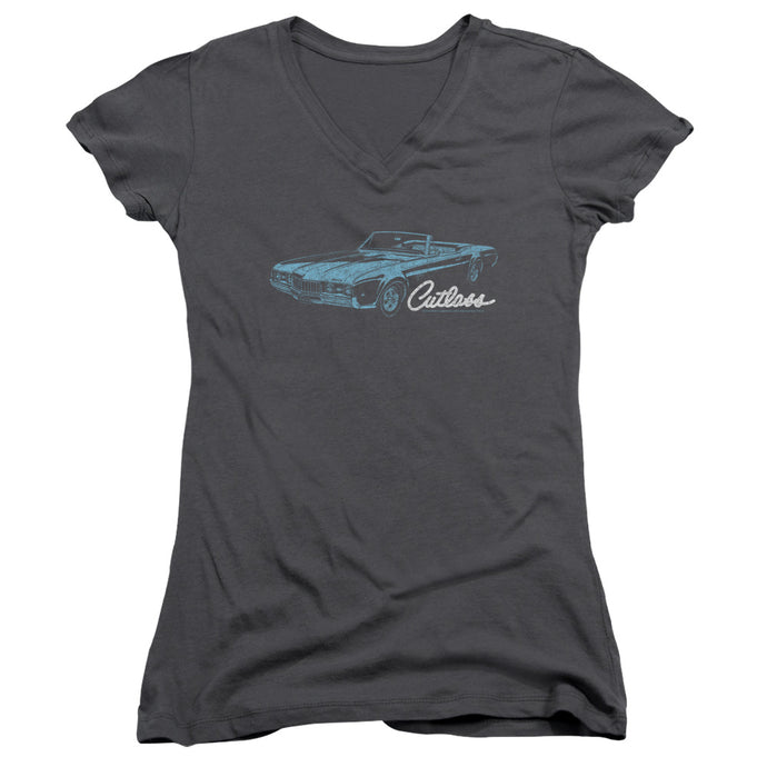 Oldsmobile 68 Cutlass Junior Sheer Cap Sleeve V Neck Womens T Shirt Charcoal