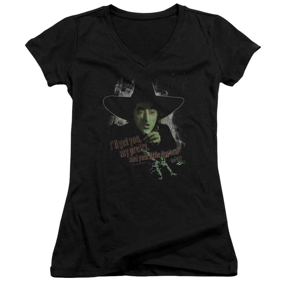 Wizard Of Oz And Your Little Dog Too Junior Sheer Cap Sleeve V Neck Womens T Shirt Black