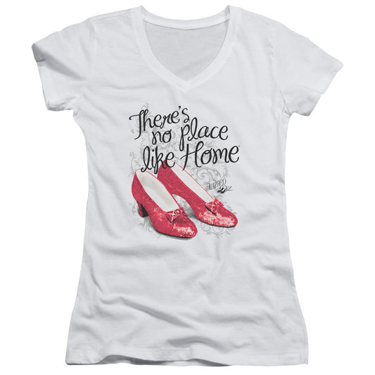 Wizard Of Oz Ruby Slippers Junior Sheer Cap Sleeve V Neck Womens T Shirt White