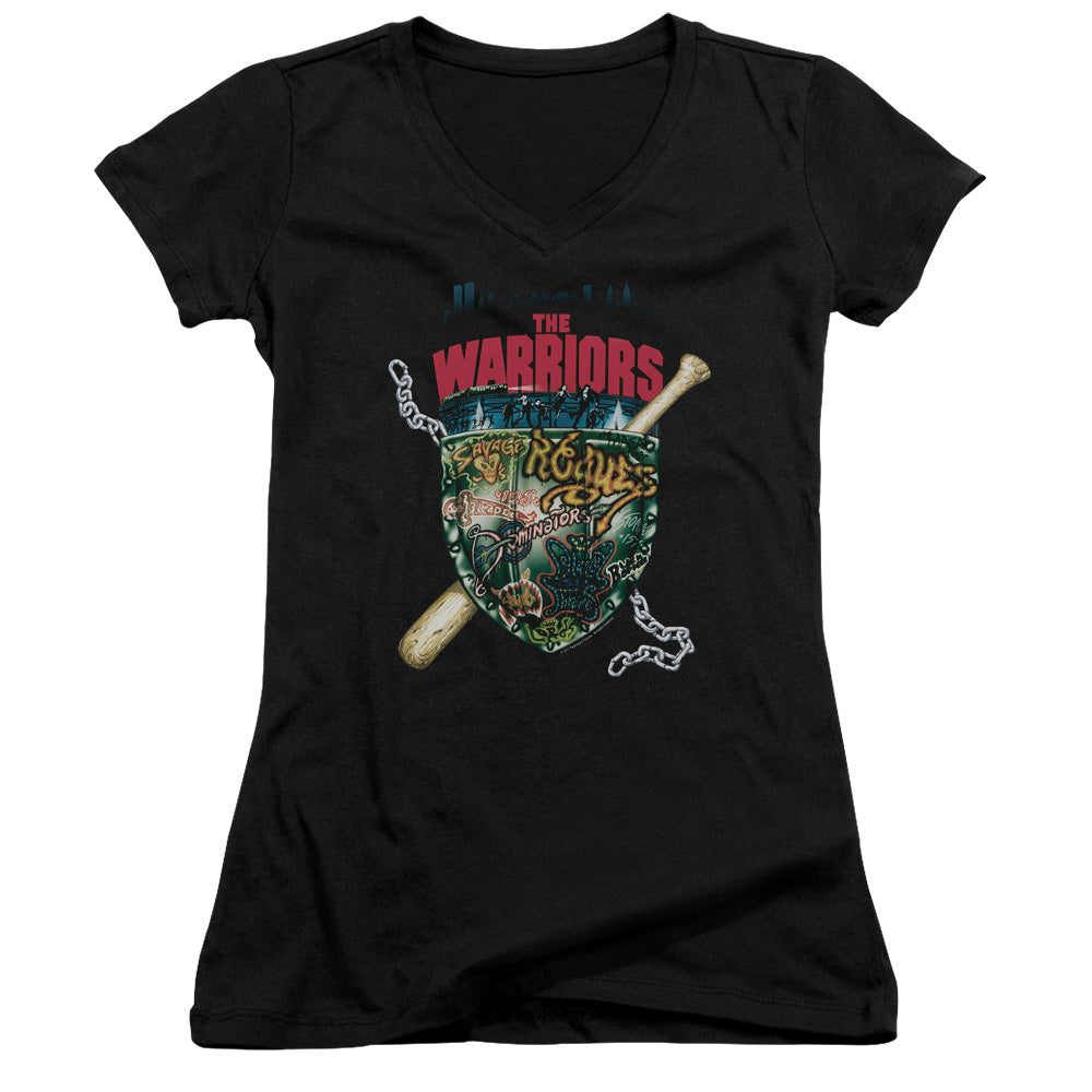 The Warriors Shield Junior Sheer Cap Sleeve V Neck Womens T Shirt Black