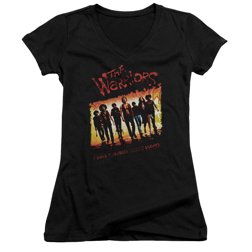 The Warriors One Gang Junior Sheer Cap Sleeve V Neck Womens T Shirt Black