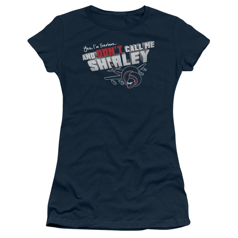 Airplane! Don't Call Me Shirley Junior Sheer Cap Sleeve Womens T Shirt Navy Blue