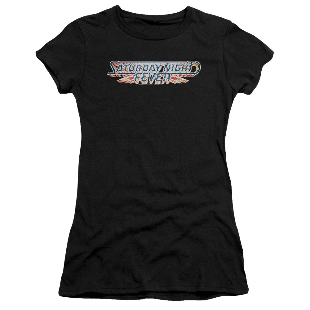 Saturday Night Fever Logo Junior Sheer Cap Sleeve Womens T Shirt Black