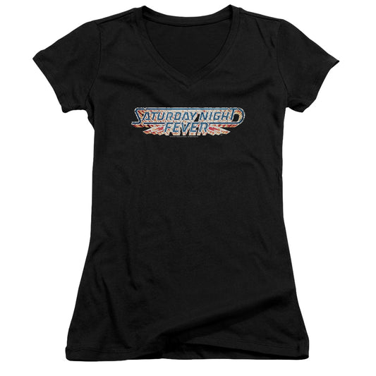 Saturday Night Fever Logo Junior Sheer Cap Sleeve V-Neck Womens T Shirt Black