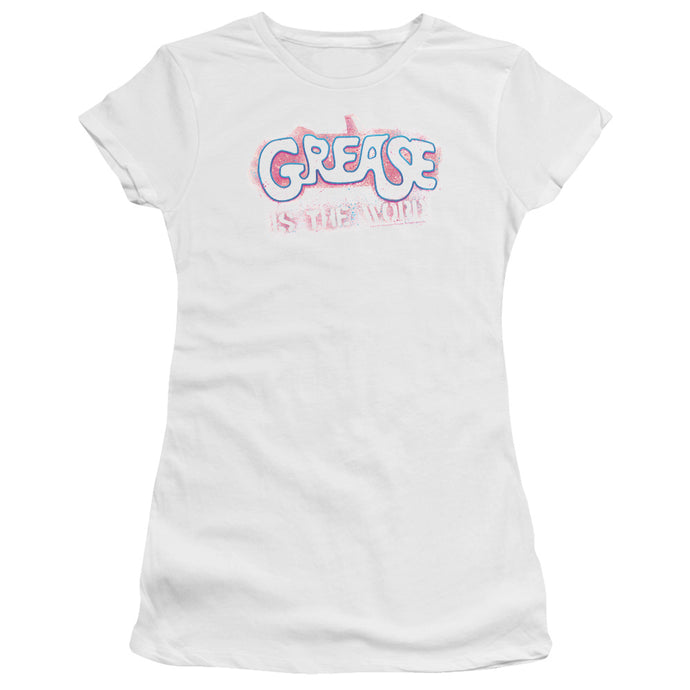 Grease Grease Is The Word Junior Sheer Cap Sleeve Womens T Shirt White