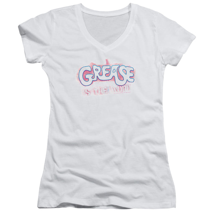 Grease Grease Is The Word Junior Sheer Cap Sleeve V-Neck Womens T Shirt White
