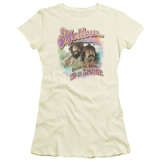 Up In Smoke Mellow Junior Sheer Cap Sleeve Womens T Shirt Cream