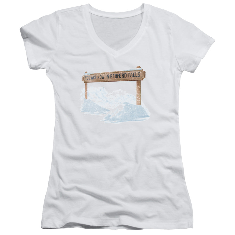 Its A Wonderful Life Bedford Falls Junior Sheer Cap Sleeve V-Neck Womens T Shirt White