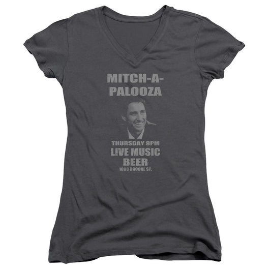 Old School Mitchapalooza Junior Sheer Cap Sleeve V-Neck Womens T Shirt Charcoal