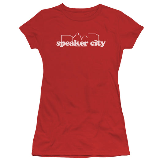 Old School Speaker City Logo Junior Sheer Cap Sleeve Womens T Shirt Red