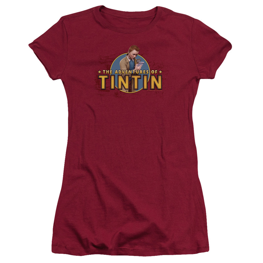 The Adventures Of Tintin Looking For Clues Junior Sheer Cap Sleeve Womens T Shirt Cardinal