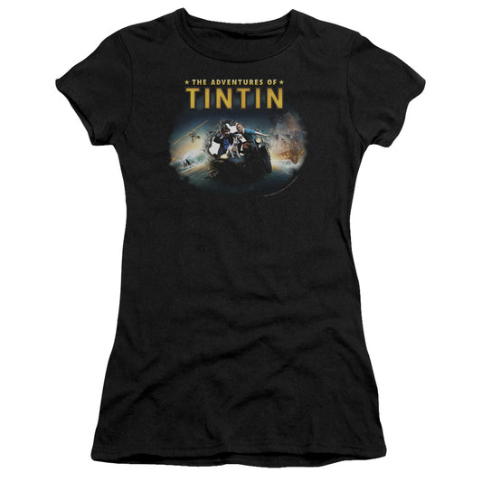 The Adventures Of Tintin Journey Junior Sheer Cap Sleeve Womens T Shirt Black