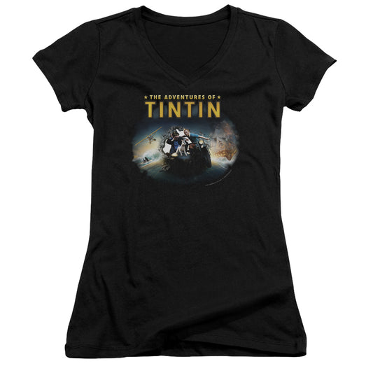 The Adventures Of Tintin Journey Junior Sheer Cap Sleeve V Neck Womens T Shirt Black