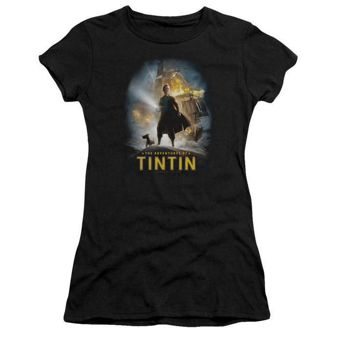 The Adventures Of Tintin Poster Junior Sheer Cap Sleeve Womens T Shirt Black