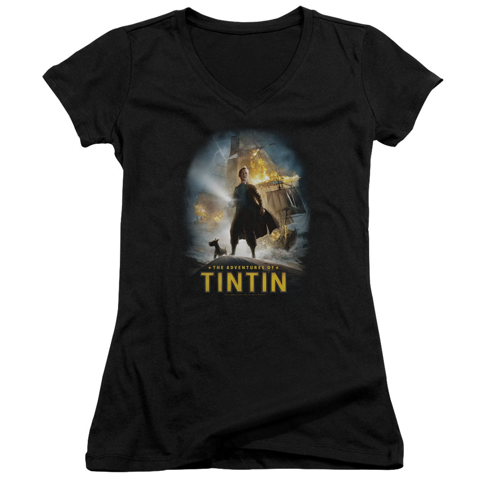 The Adventures Of Tintin Poster Junior Sheer Cap Sleeve V Neck Womens T Shirt Black