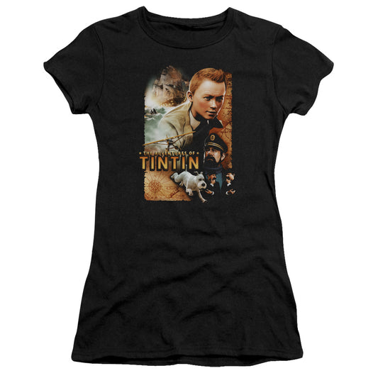 The Adventures Of Tintin Adventure Poster Junior Sheer Cap Sleeve Womens T Shirt Black