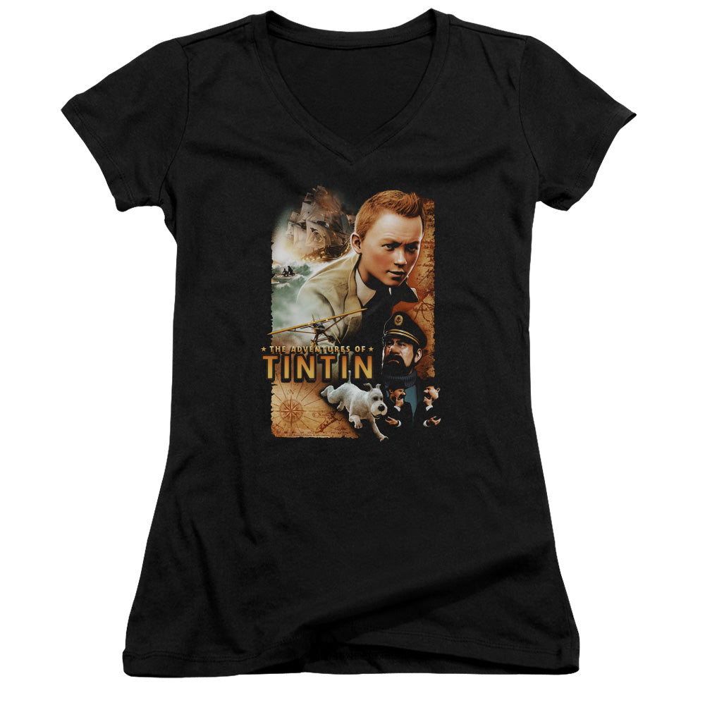 The Adventures Of Tintin Adventure Poster Junior Sheer Cap Sleeve V Neck Womens T Shirt Black