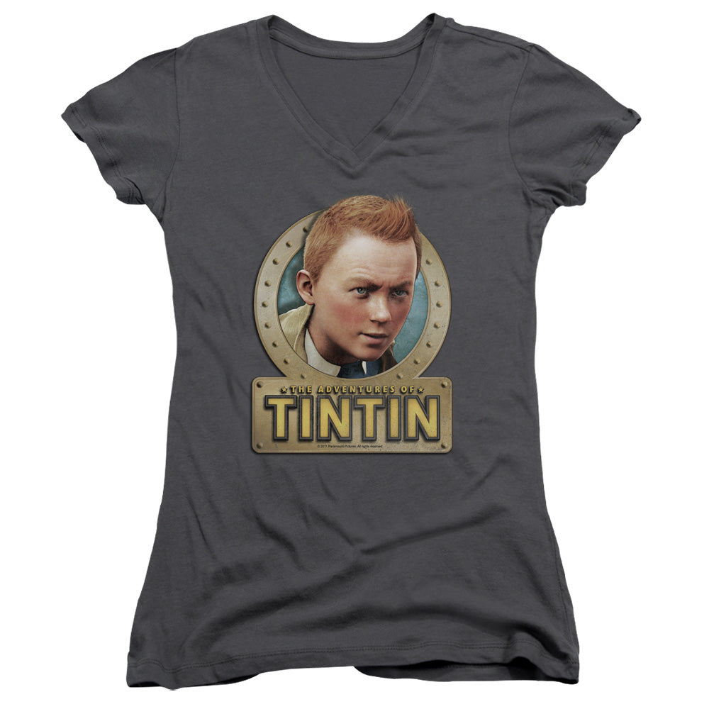 The Adventures Of Tintin Metal Junior Sheer Cap Sleeve V Neck Womens T Shirt Charcoal