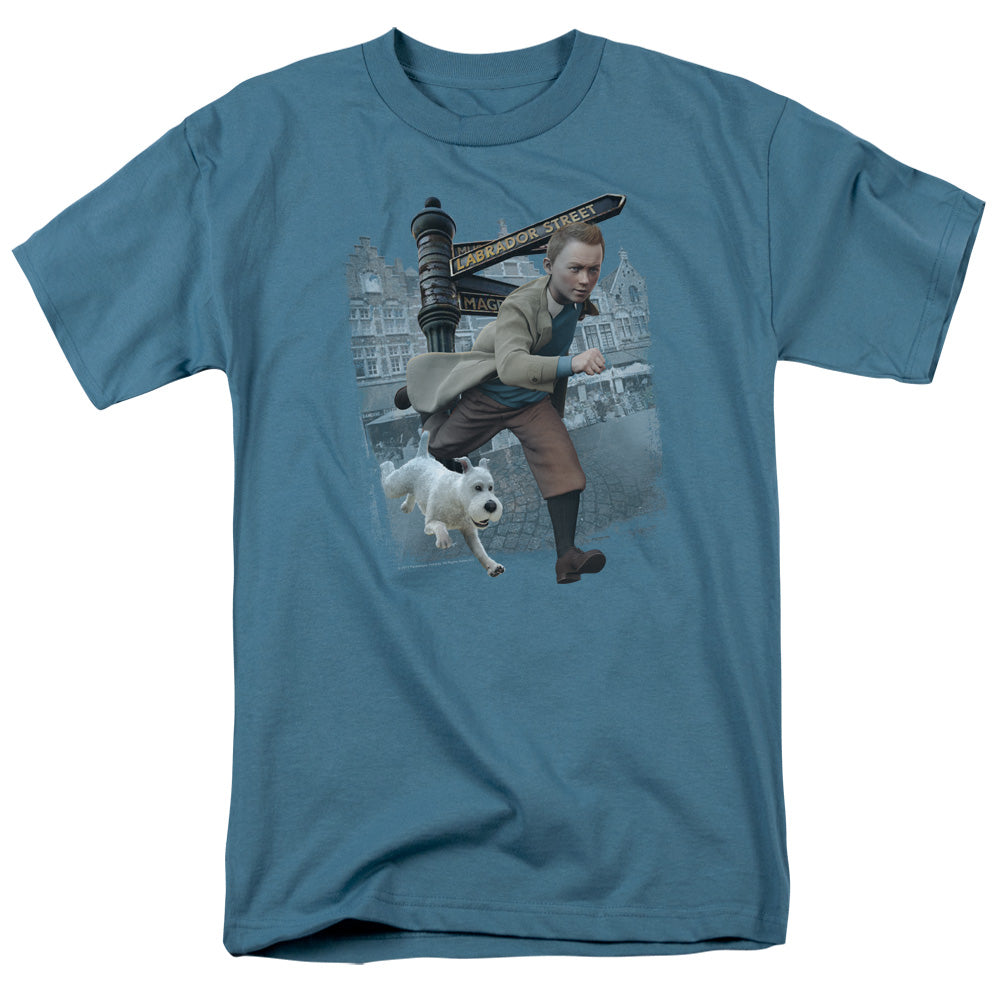 The Adventures Of Tintin Labrador Street Mens T Shirt Slate