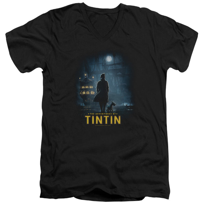 The Adventures Of Tintin Title Poster Mens Slim Fit V Neck T Shirt Black