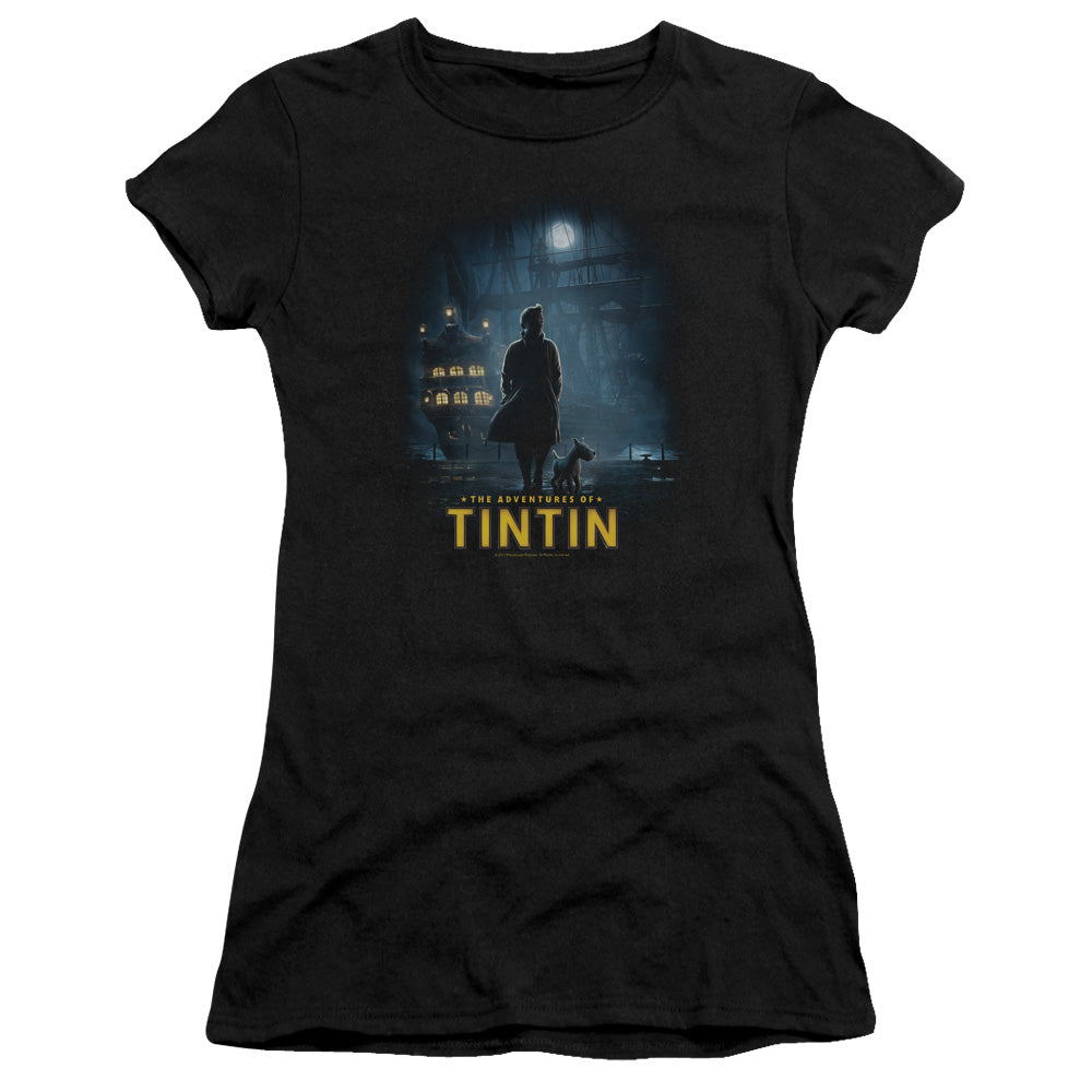 The Adventures Of Tintin Title Poster Junior Sheer Cap Sleeve Womens T Shirt Black