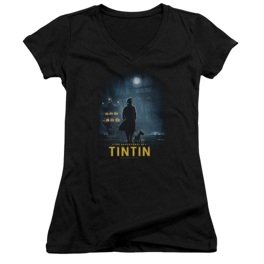 The Adventures Of Tintin Title Poster Junior Sheer Cap Sleeve V Neck Womens T Shirt Black