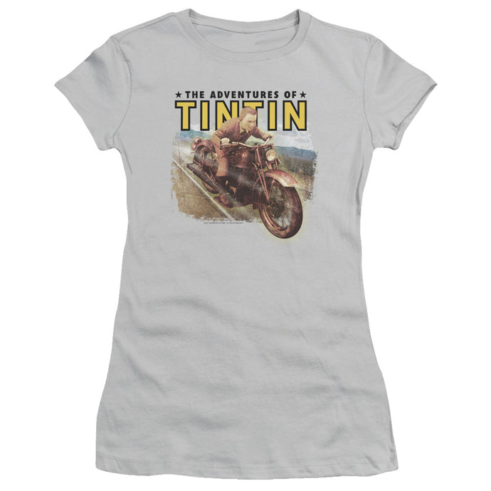 The Adventures Of Tintin Open Road Junior Sheer Cap Sleeve Womens T Shirt Silver