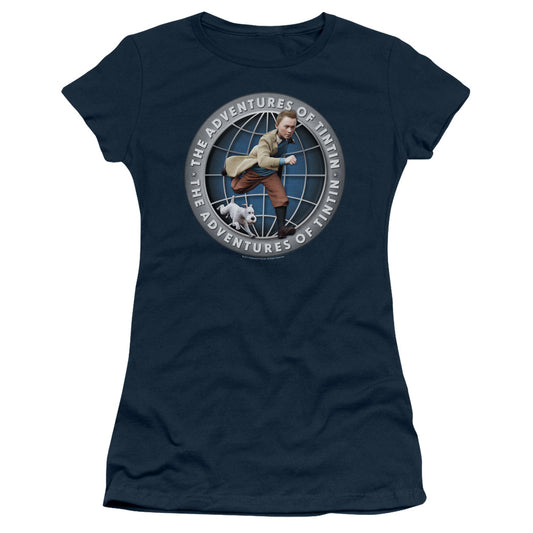 The Adventures Of Tintin Globe Junior Sheer Cap Sleeve Womens T Shirt Navy