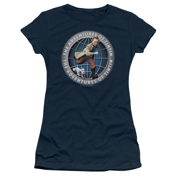 The Adventures Of Tintin Globe Junior Sheer Cap Sleeve Womens T Shirt Navy