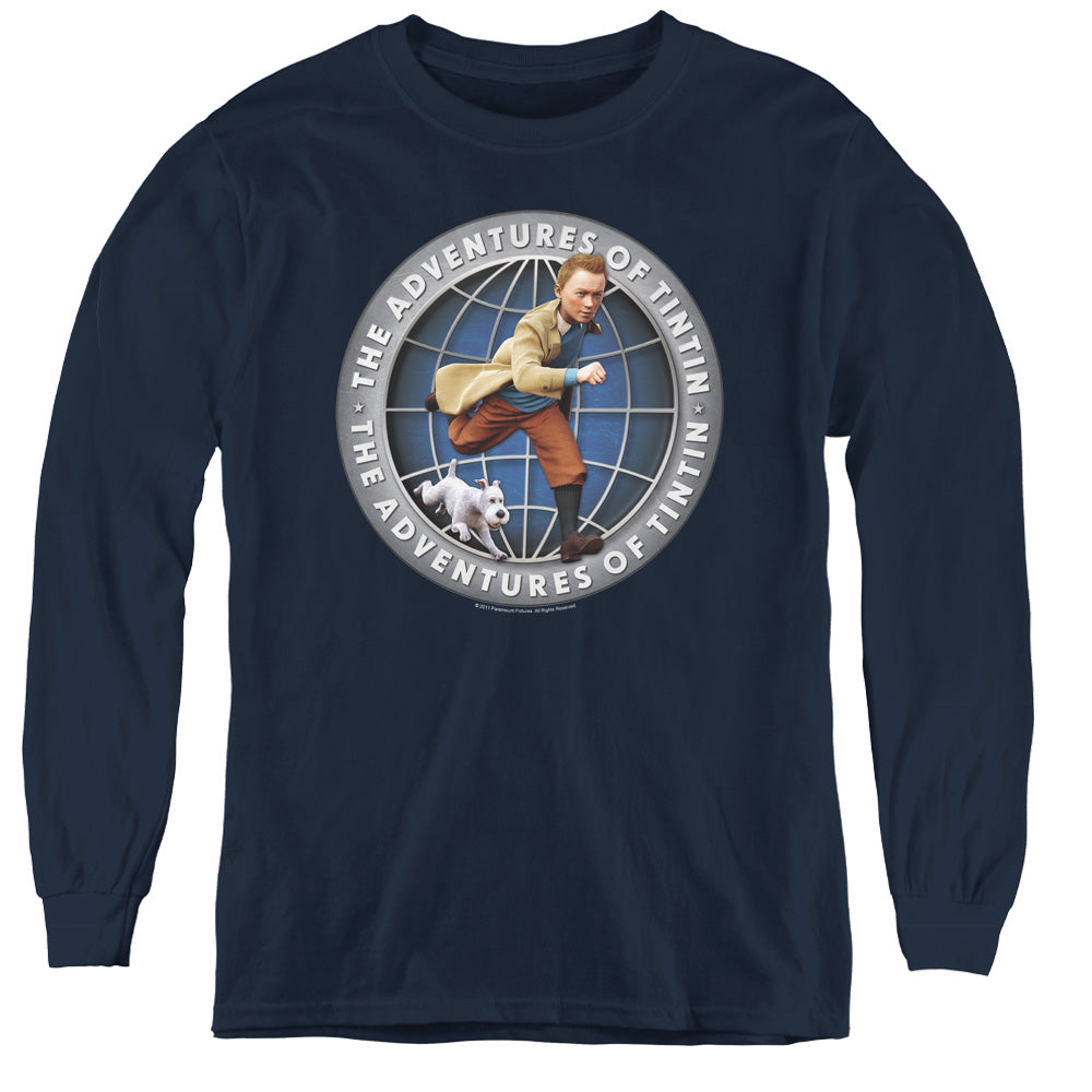 The Adventures Of Tintin Globe Long Sleeve Kids Youth T Shirt Navy