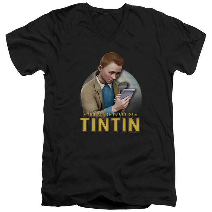 The Adventures Of Tintin Looking For Answers Mens Slim Fit V Neck T Shirt Black