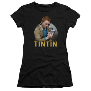 The Adventures Of Tintin Looking For Answers Junior Sheer Cap Sleeve Womens T Shirt Black