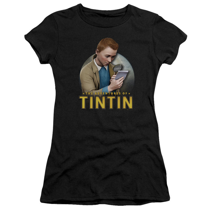The Adventures Of Tintin Looking For Answers Junior Sheer Cap Sleeve Womens T Shirt Black
