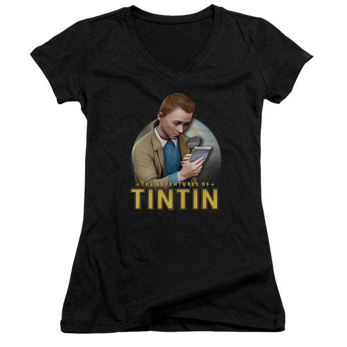 The Adventures Of Tintin Looking For Answers Junior Sheer Cap Sleeve V Neck Womens T Shirt Black
