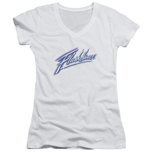 Flashdance Logo Junior Sheer Cap Sleeve V-Neck Womens T Shirt White