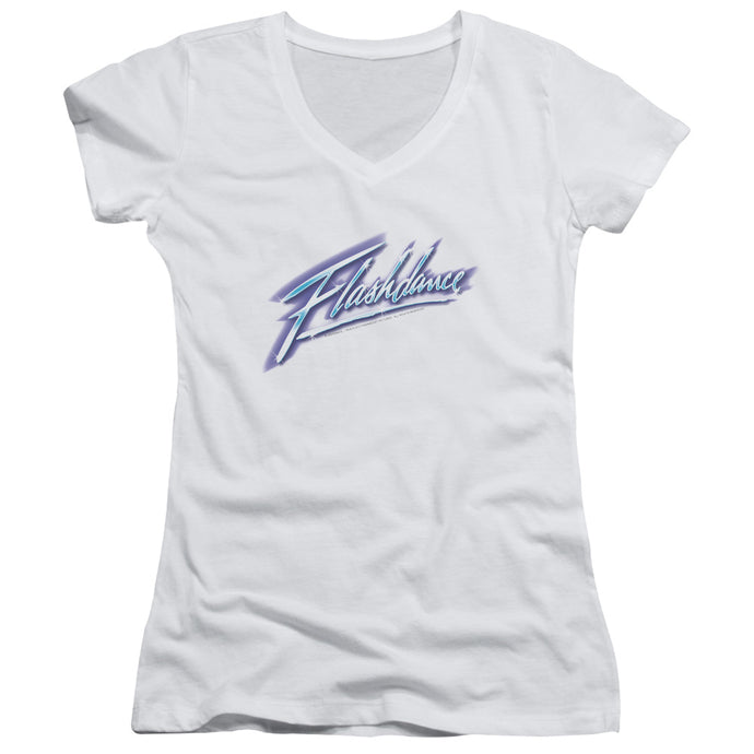 Flashdance Logo Junior Sheer Cap Sleeve V-Neck Womens T Shirt White