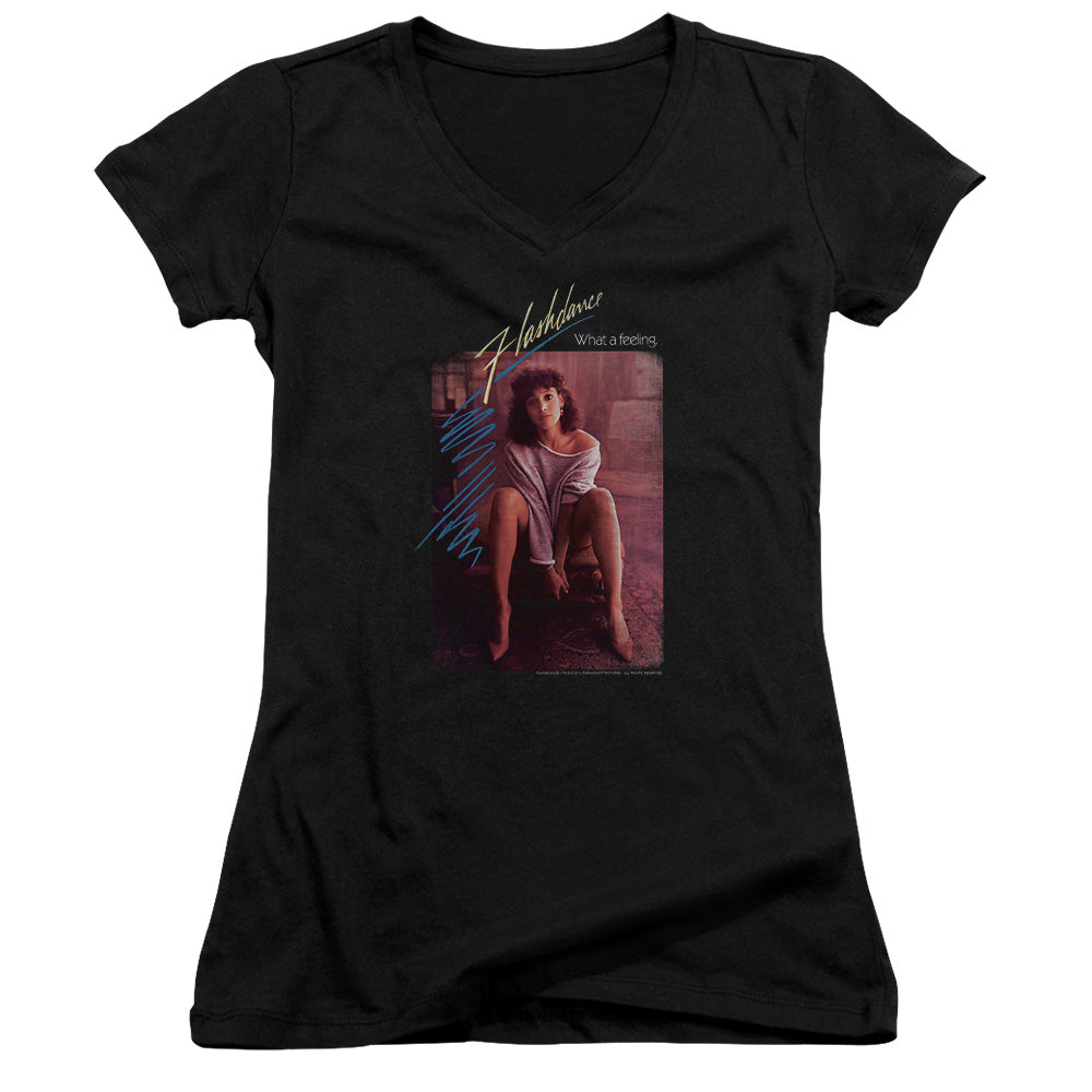 Flashdance Title Junior Sheer Cap Sleeve V-Neck Womens T Shirt Black