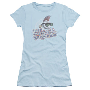 Major League Distressed Logo Junior Sheer Cap Sleeve Womens T Shirt Light Blue