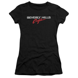 Beverly Hills Cop Logo Junior Sheer Cap Sleeve Womens T Shirt Black