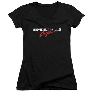 Beverly Hills Cop Logo Junior Sheer Cap Sleeve V-Neck Womens T Shirt Black