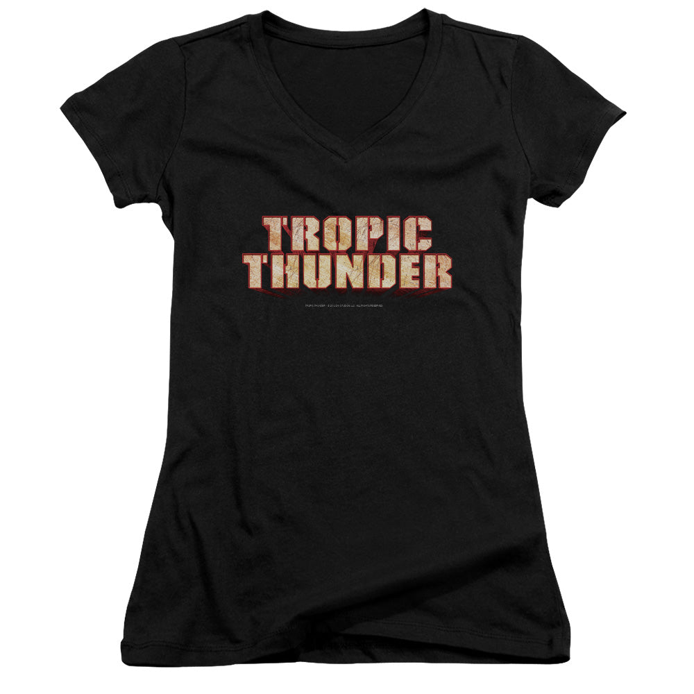 Tropic Thunder Title Junior Sheer Cap Sleeve V Neck Womens T Shirt Black