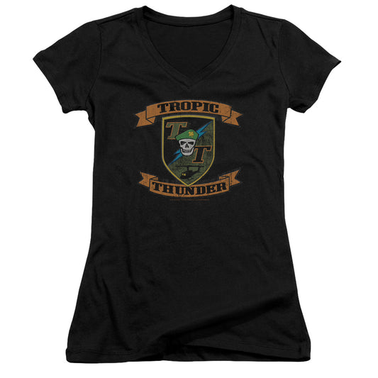 Tropic Thunder Patch Junior Sheer Cap Sleeve V Neck Womens T Shirt Black