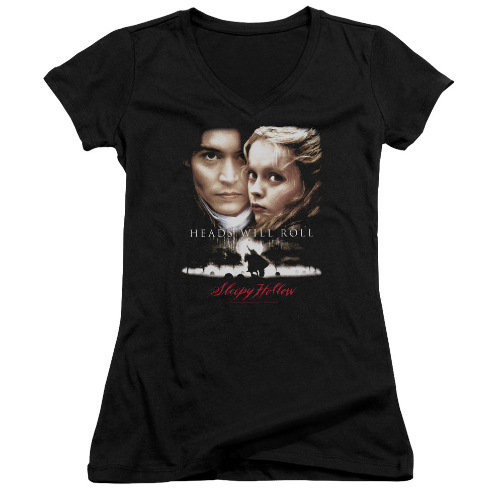 Sleepy Hollow Heads Will Roll Junior Sheer Cap Sleeve V Neck Womens T Shirt Black