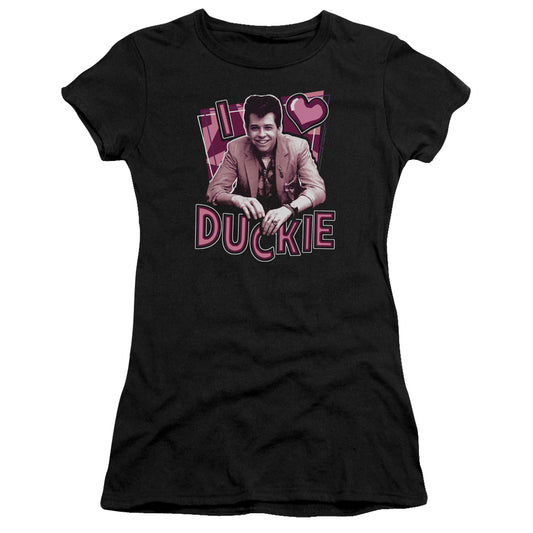 Pretty In Pink I Heart Duckie Junior Sheer Cap Sleeve Womens T Shirt Black