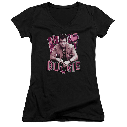 Pretty In Pink I Heart Duckie Junior Sheer Cap Sleeve V Neck Womens T Shirt Black