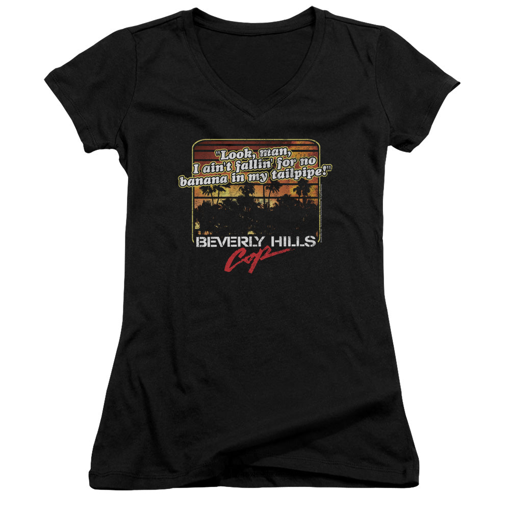 Beverly Hills Cop Banana In My Tailpipe Junior Sheer Cap Sleeve V-Neck Womens T Shirt Black